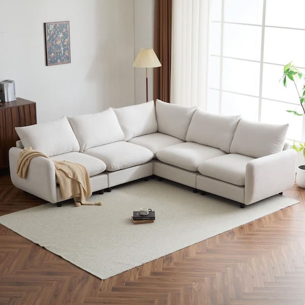 Willow 99.5 in. Modern 5-Seater Fabric Upholstered Solid Wood L-Shape Modular Sectional Sofa in White Sand