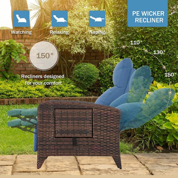ZZW Reclining Brown Wicker Outdoor Chaise Lounge with Blue