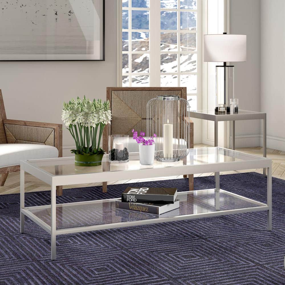 Satin Nickel 54'' Wide Rectangular Metal & Glass Coffee Table