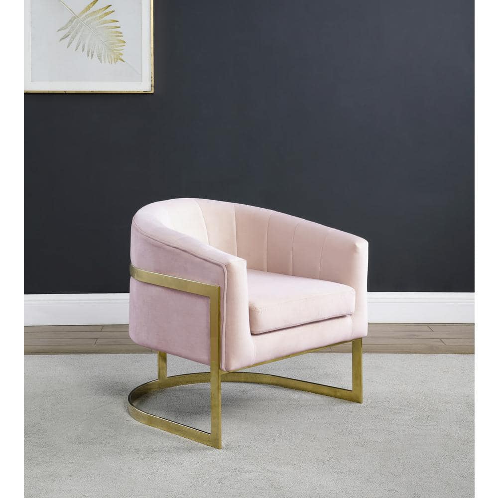Glamorous Pink Velvet Barrel Accent Chair with Gold Accents