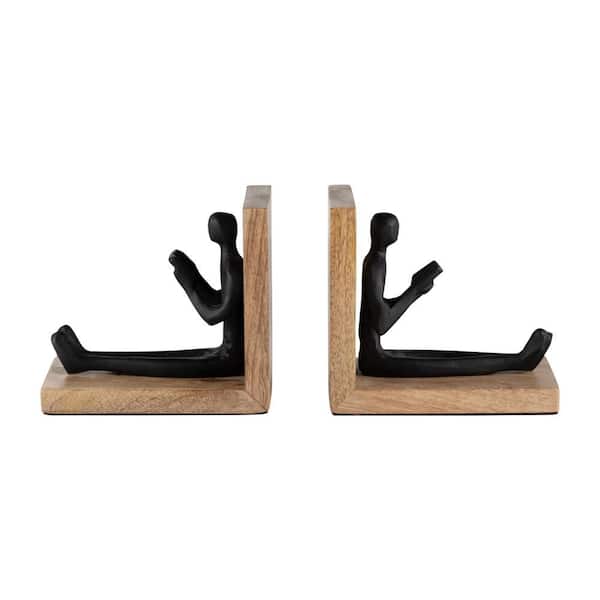 Brown 6 in. x 6 in. Metal and Wood Bookends with Reading Figurines