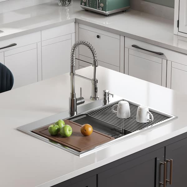 33 in. Drop-In Single Bowl 18 Gauge Stainless Steel Kitchen Workstation Sink with Accessories and Bottom Grid