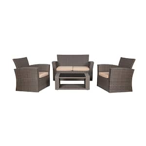 Hudson 4-Piece Gray Wicker Outdoor Patio Loveseat and Armchair Conversation Set with Beige Cushions and Coffee Table
