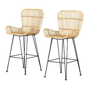 Balka 24 in. Rattan and Black Rattan Counter Stool with Armrests (Set of 2)
