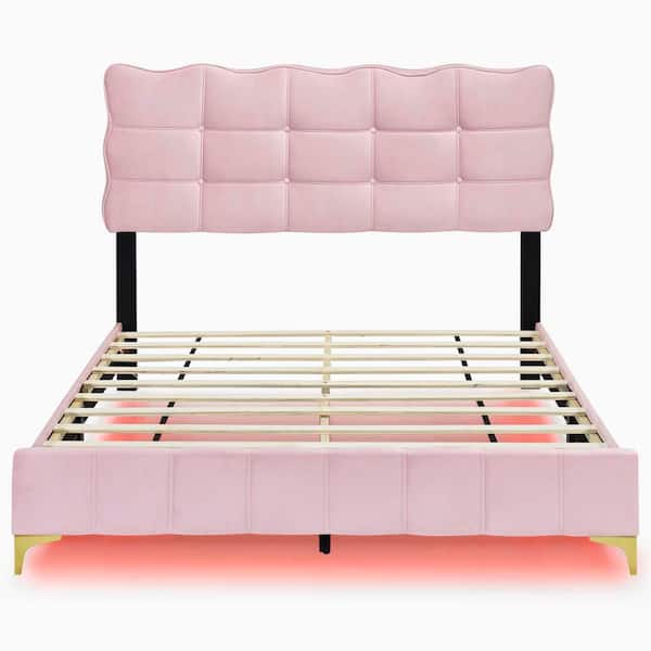 wetiny Pink Wood Frame Queen Size Platform Bed