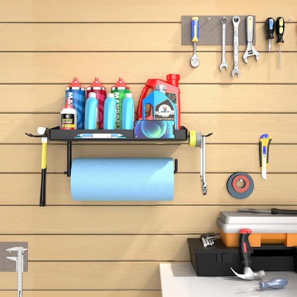 12 in. Paper Towel Holder with Wall Mount, 2 Detachable Hooks, and Shelf for Kitchen and Bathroom, Black (1-Pack)