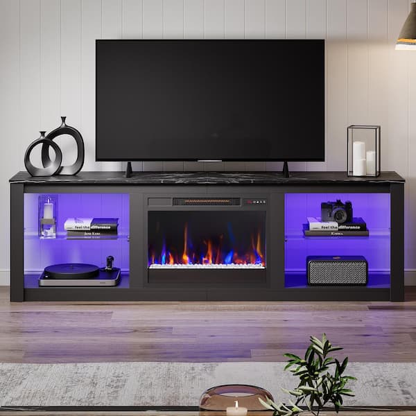 71 in. Freestanding Electric Fireplace TV Stand in Marble Black with Adjustable Shelves