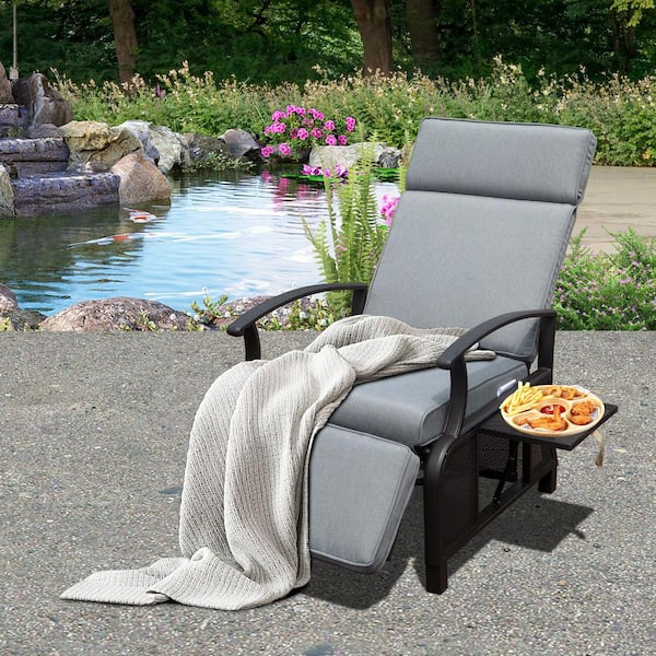 Wildaven Black Adjustable Metal Frame Outdoor Patio Recliner with Extendable Side Table, Retractable Footrest and Gray Cushion