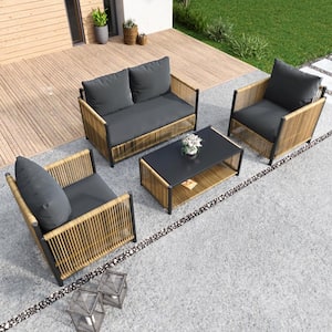 4-Piece PE Wicker Patio Conversation Sofa Set with Gray Cushions and Coffee Table