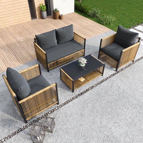 Nestfair 4-Piece PE Wicker Patio Conversation Sofa Set with Gray Cushions and Coffee Table