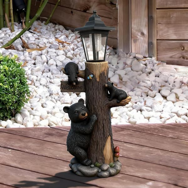 Bear Statue Welcome Sign Garden Statue with Solar Lights
