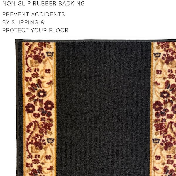 Flower Bordered Black Color 26 in. Width x Your Choice Length Custom Size Roll Runner Rug/Stair Runner