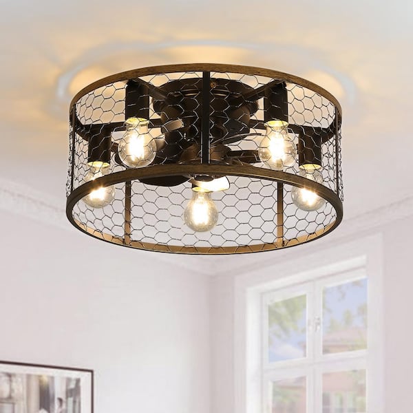 20 in. Indoor Industrial Small Black Flush Mount Caged Ceiling Fan with 7 ABS Blades Remote Control, E26