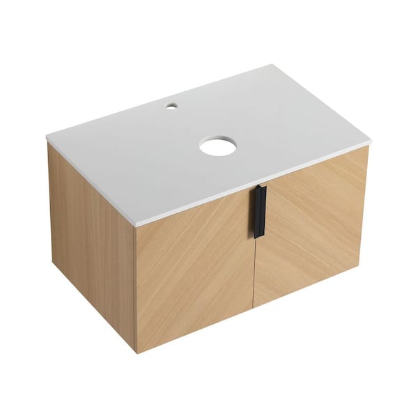 30 in. Wall-Mounted Bath Vanity with Top Artificial Stone Slab and 2-Soft Close Door, Natural (Without Sink)