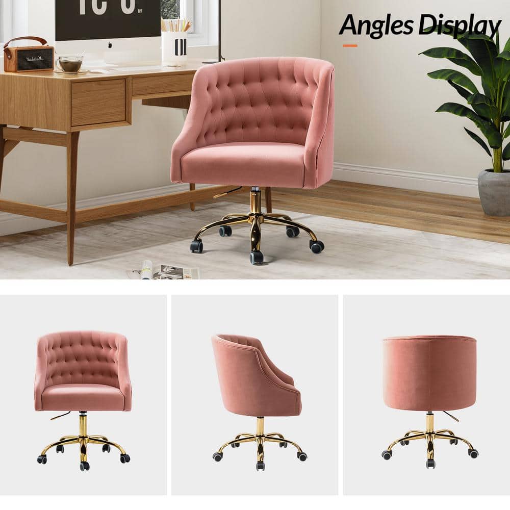 Ergonomic Pink Velvet Swivel Office Chair with Gold Metal Legs