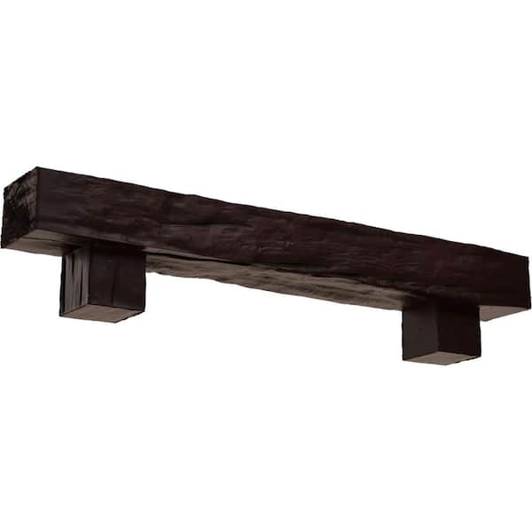 Ekena Millwork 4 in. x 8 in. x 4 ft. Riverwood Faux Wood Fireplace Mantel Kit, Alamo Corbels, Premium Cherry