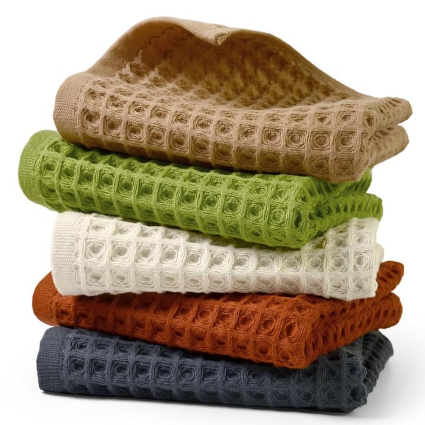 5-Color Waffle Cotton Kitchen Hand Towels, 13 in. x 29 in., Lint-Free Quick-Dry Towels for Home, Set of 5