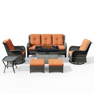 7-Piece PE Rattan Wicker Patio Conversation Set Outdoor Chairs and Fire Pit with Orange Cushion