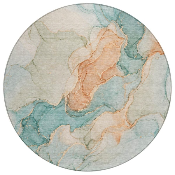 Chantille Machine Washable Indoor/Outdoor Abstract ACN3119 Seafoam 8 ft. x 8 ft. Round Rug