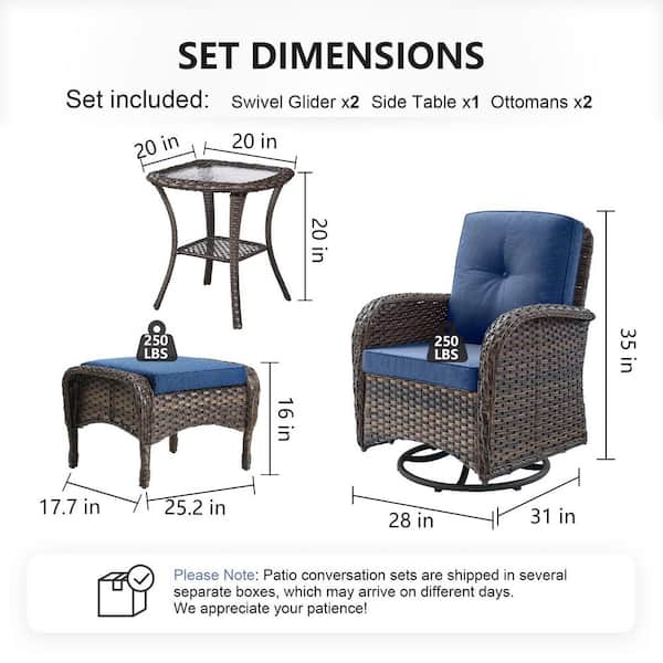 SleekArm 5-Piece Brown Wicker Outdoor Rocking Chair with Olefin Blue Cushions Patio Swivel Chairs and Ottomans