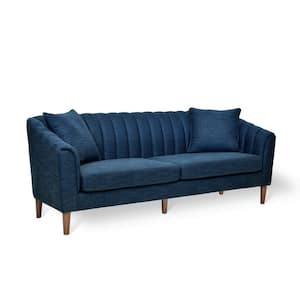 Currie 84.5 in. W Square Arms Polyester Straight 3 Seaters Sofa with Pillows in Navy Blue