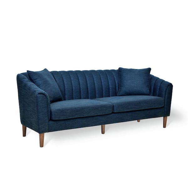 Noble House Currie 84.5 in. W Square Arms Polyester Straight 3 Seaters Sofa with Pillows in Navy Blue