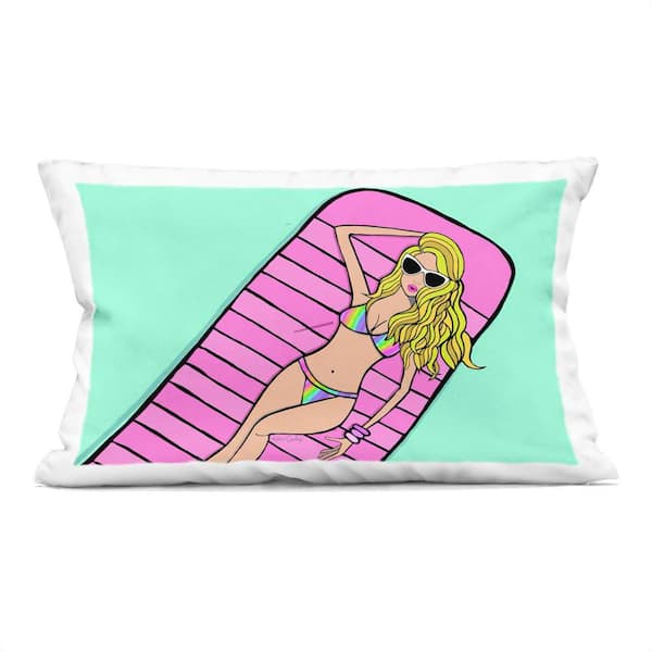 Stupell Industries Trendy Girl on Pool Float Pink Abstract Polyester 14 in. X 20 in. Throw Pillow
