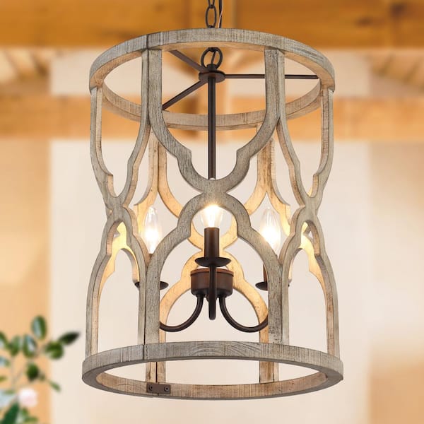 LNC Grain Farmhouse 3-Light Rust Bronze Drum Cage Chandelier Rustic Distressed Wood Openwork Candlestick Pendant Light