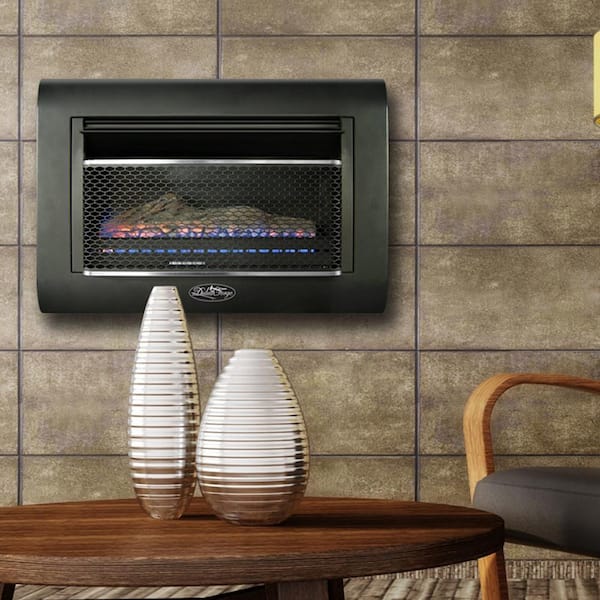 Duluth Forge 28 in. 26,000 BTU Ventless Linear Wall Gas Fireplace with Thermostat in Black