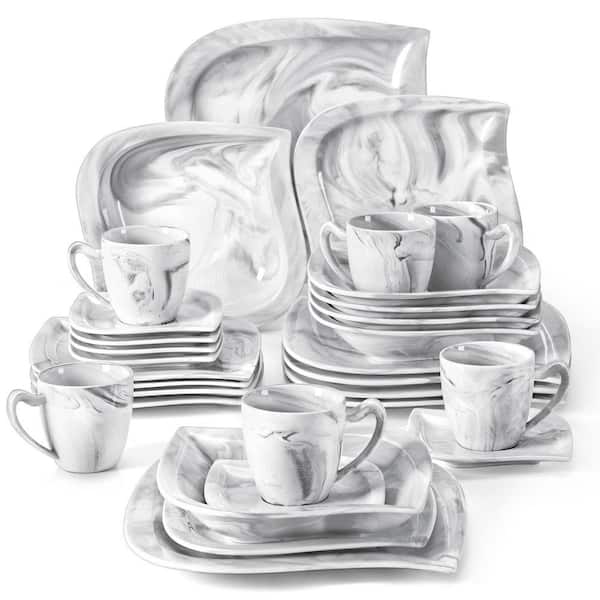 30-Piece Marble Grey Porcelain Dinnerware Set Service for 6-Tableware Set with Plates Coffee Cups and Saucers