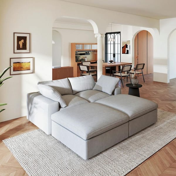 79 in. Modular Gray Linen Full Size 2-Seat Convertible Sleeper Sofa Bed with 2 Ottomans, Washable Cover for Small Space