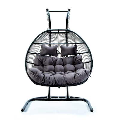Palm 77 in. Black Metal Frame Patio Folding Double Seat Swing Chair with Gray Match Cushions