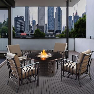 Bronze 5-Piece Aluminum Patio Fire Pit Deep Seating Set with Beige Cushions