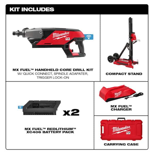 MX FUEL Lithium-Ion Cordless Handheld Core Drill Kit with Stand, 3 Batteries and Charger