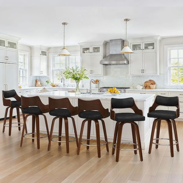 Kap 26 in. Black Walnut Wood Frame Premium Faux Leather Swivel Counter Height Bar Stool Set of 6
