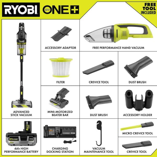 ONE+ HP 18V Brushless Cordless Advanced WHISPER Series Stick Vacuum Kit with Hand Vacuum, 4.0 Ah Battery, and Charger