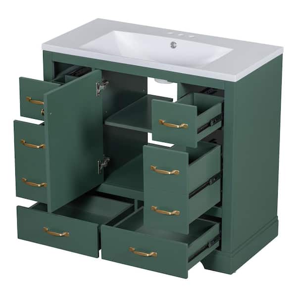Qualler 36 in. W x 18 in. D x 34.2 in. H Single Sink Freestanding Bath Vanity in Green with White Ceramic Top