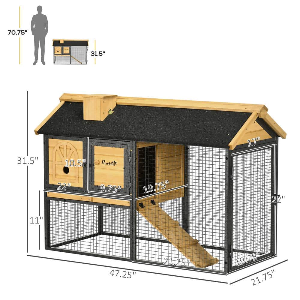 47" Natural Fir Wood and Metal Outdoor Rabbit Hutch with Ramp