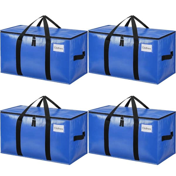 Blue Extra Heavy Duty Large Moving Storage Tote Bags with Strong Handles, Zipper, Reinforced Stitching, 4 Pack