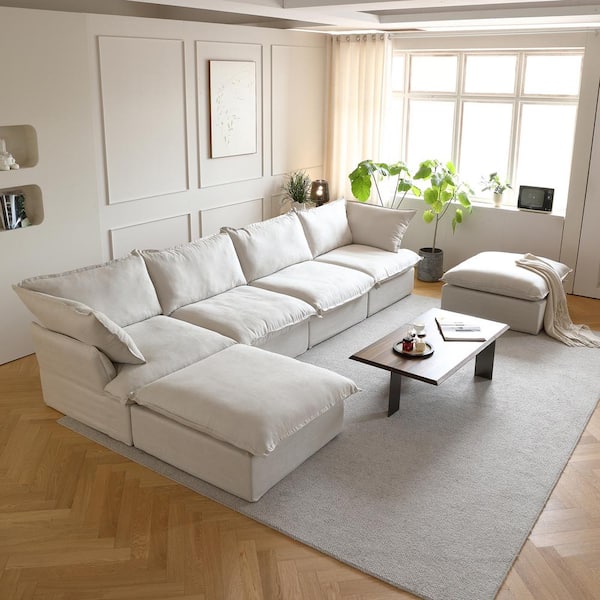 Beige Linen Square Storage Ottoman