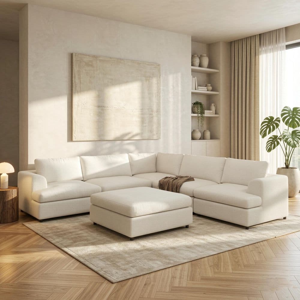 118 in. Flared Arm Boucle Fabric Modular Corner Sofa Deep Seat Cloud Couch with Machine Washable Covers,Ottoman in Beige