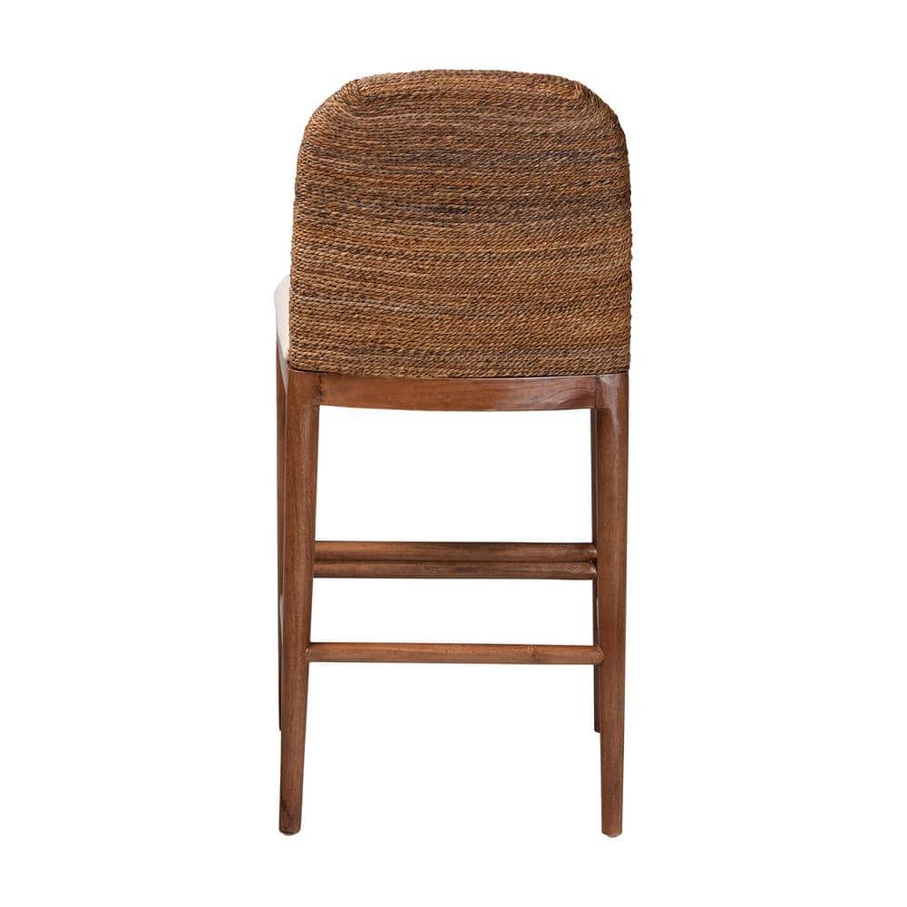 Nadim White Fabric and Acacia Wood Counter Stool with Seagrass Backrest
