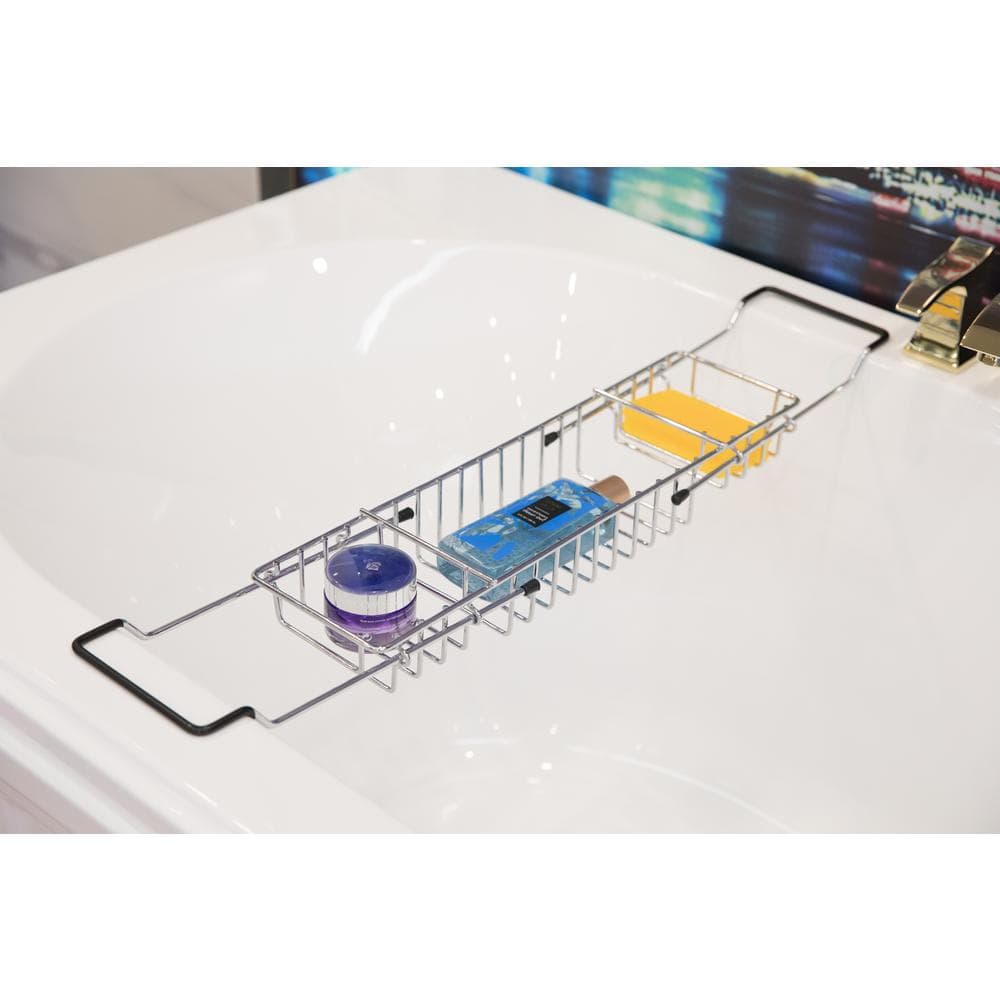 Expandable Chrome Metal Bathtub Caddy with Rubber Handles