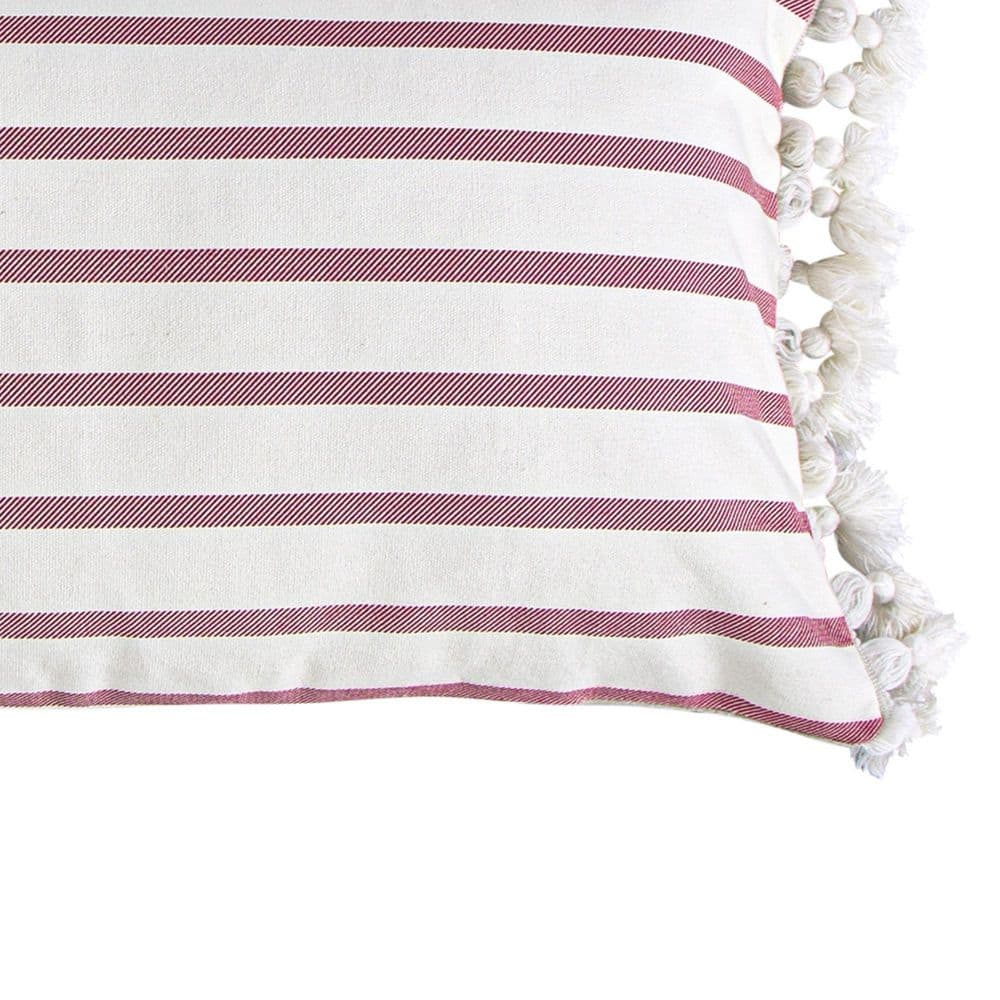 Red and White Cotton Stripe Tassel Pillow 14x30