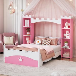 Pink and White Wood Frame Twin Size Castle-Shaped Platform Bed with Storage Shelves, Crown Pattern