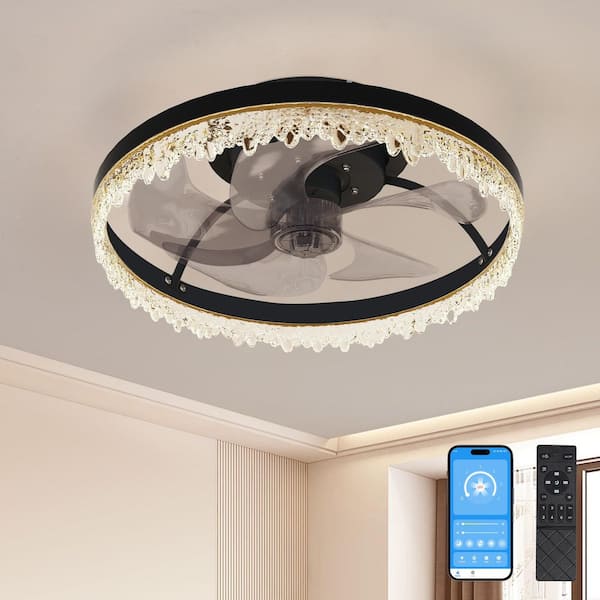16 in. Black LED Flush Mount Ceiling Fan with Light, Remote, Timer and 5 Invisible Blades