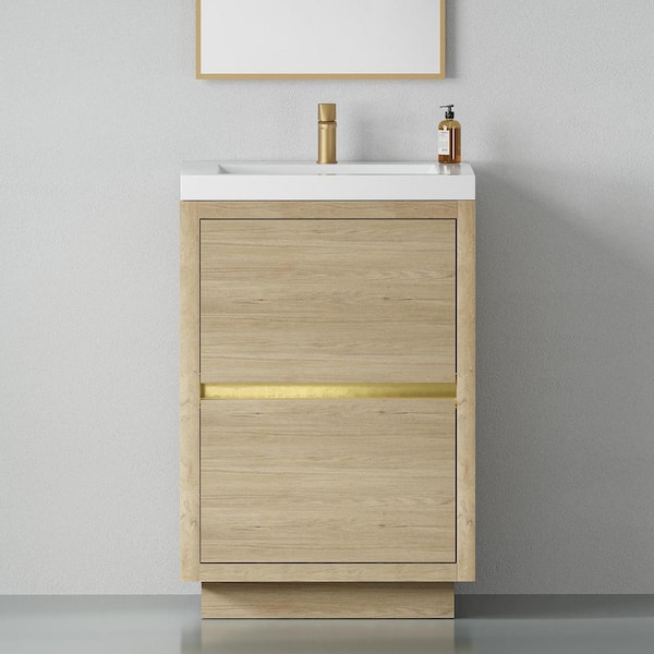 24 in. Freestanding Storage Bath Vanity Cabinet in Natural Oak with White Stone Resin Top