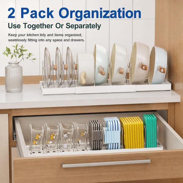 Wudkey 2-Pack White 22 in. Expandable Food Storage Container Lid Drawer Organizer with 9 Adjustable Dividers Pot and Rack