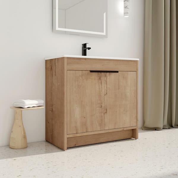 Magic Home 36 in. Imitative Oak Freestanding Bathroom Vanity Plywood Storage Cabinet with White Ceramic Sink
