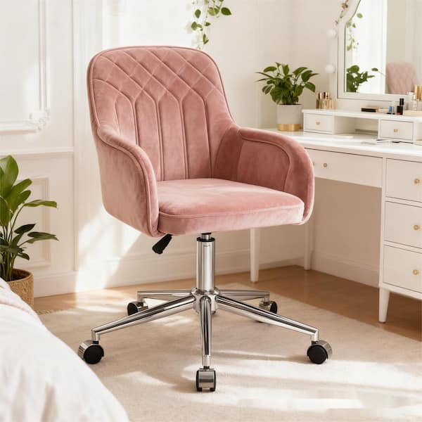 Velvet Office Chair, Adjustable Swivel Desk Chair with Armrests for Home Office or Vanity, 32.3 in. Pink Task Chair